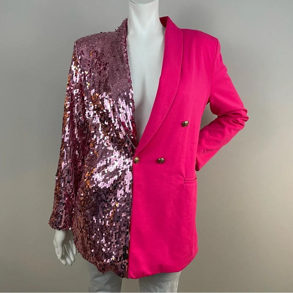 CBR Hot Pink Sequin Color Block Light Pink Blazer Double Breasted Jacket